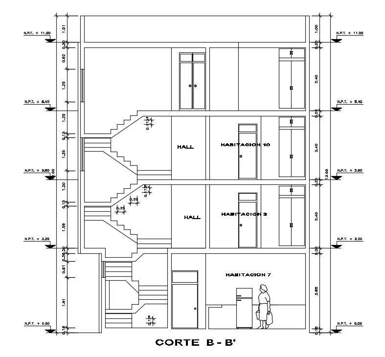 The left side section view of the 25x10m house building is given in this AutoCAD drawing model. Download now.