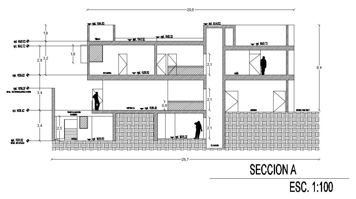 The left side section view of the 26x50m house building is given in this AutoCAD drawing model. Download now.