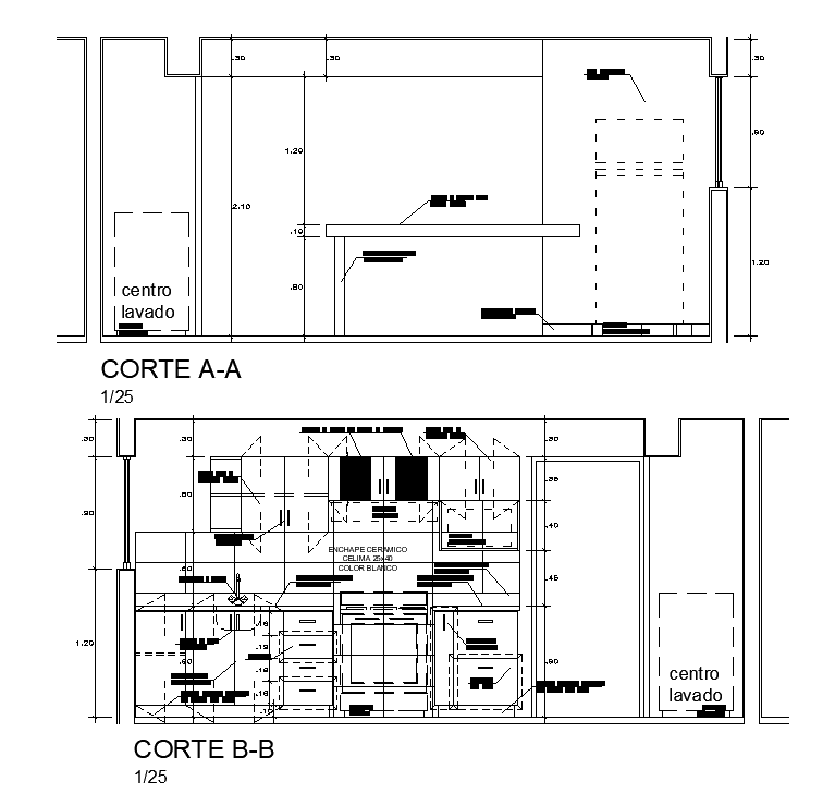 The left side section view of the 2x4.3m kitchen is given in this AutoCAD drawing model. Download now.