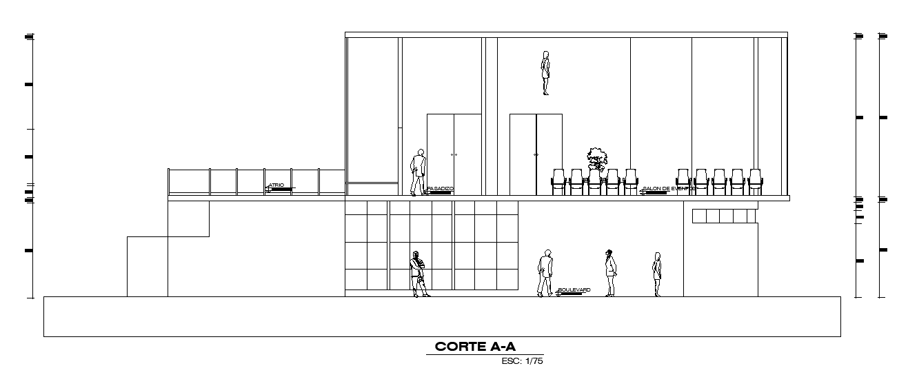 The left side section view of the 30x15m club house event hall plan