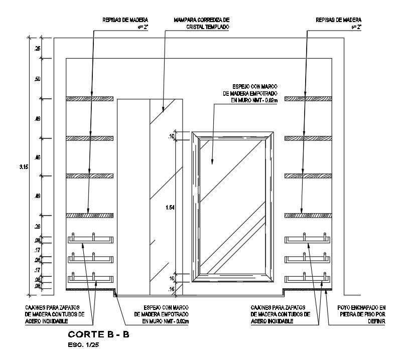 The left side section view of the 3150mm height of the wardrobe is given in this AutoCAD drawing model. Download now.
