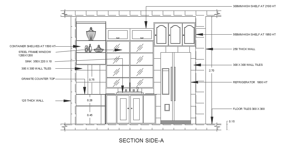 The left side section view of the 3380x3080mm kitchen building AutoCAD 2d drawing