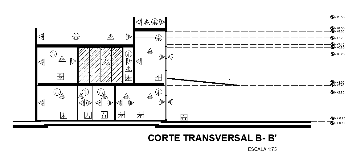 The left side section view of the 34x21m architectural office building is given in this AutoCAD drawing model.