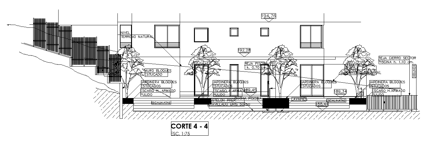 The left side section view of the 35x11m swimming pool is given in this AutoCAD drawing model. Download now.