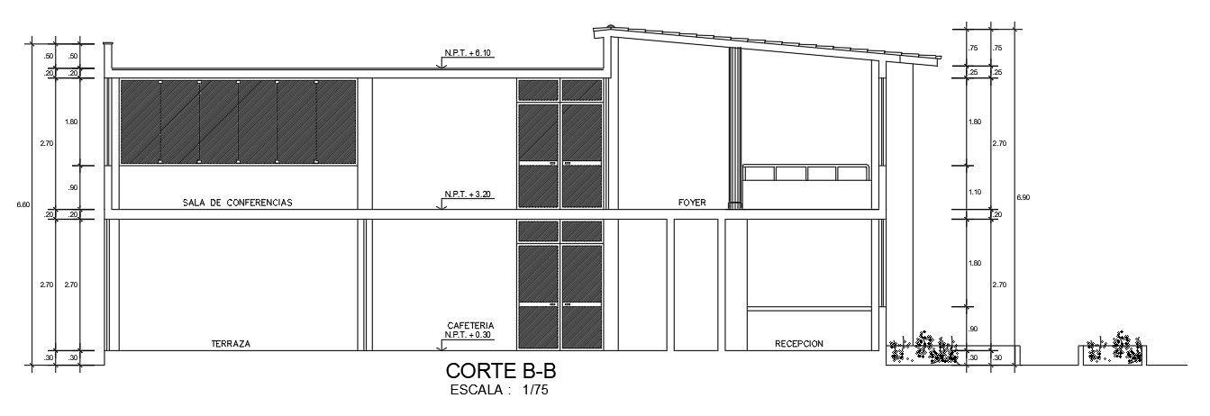 The left side section view of the 40x12m hostel building is given in this AutoCAD drawing model. Download now.