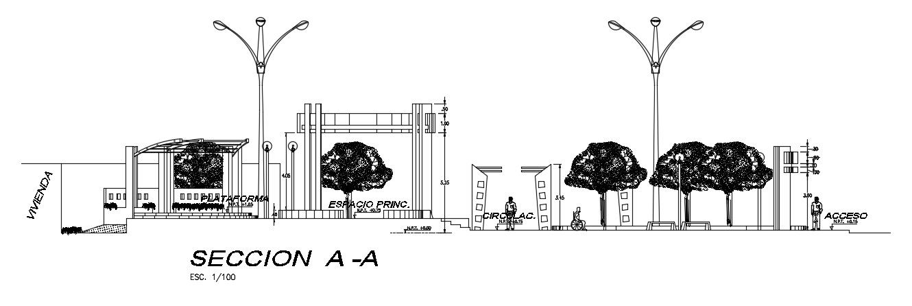 The left side section view of the 41x45m college plan tree location details are given in this AutoCAD model.