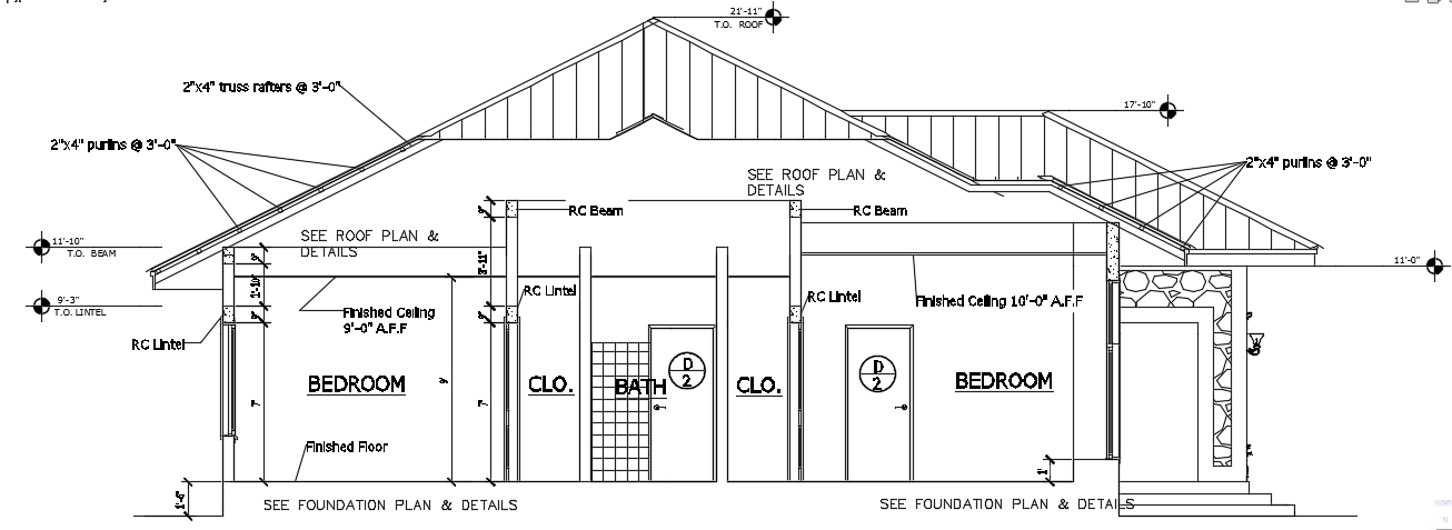 The left side section view of the 42’x45’ 2bhk house building drawing 