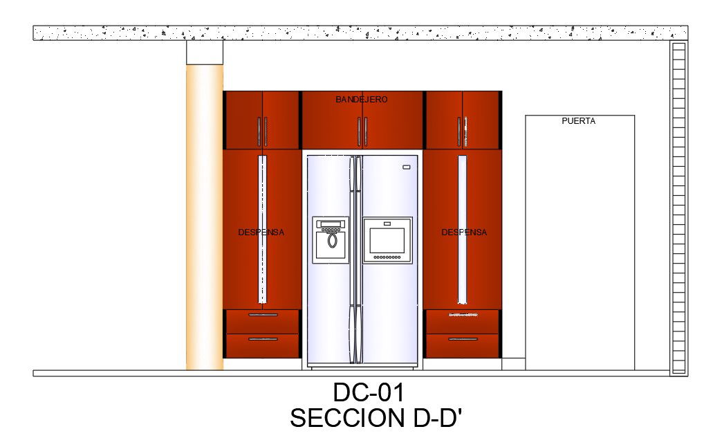 The left side section view of the 5.4x4m kitchen is given in this AutoCAD drawing model. Download now.