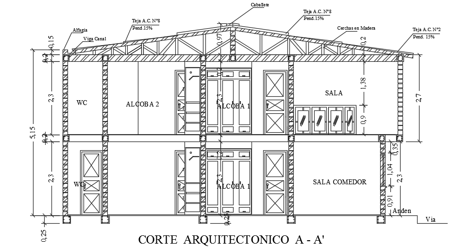 The left side section view of the 5x10m house building AutoCAD drawing