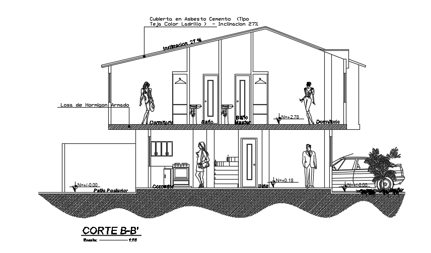 The left side section view of the 6x11m two story residential house building AutoCAD model