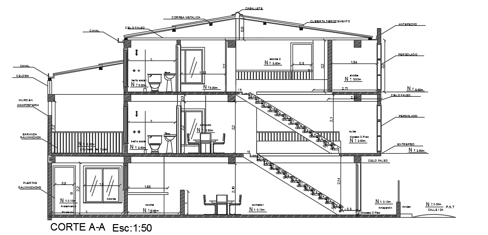The left side section view of the 6x14m two story house building AutoCAD drawing