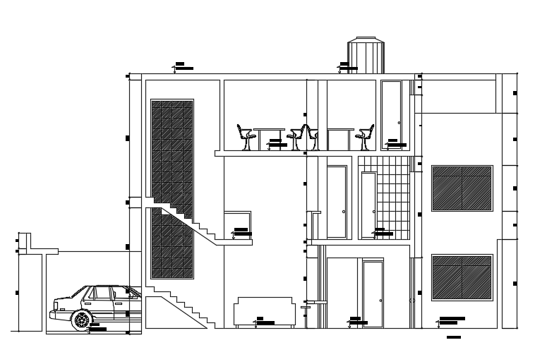 The left side section view of the 6x15m architecture three story house building cad drawing