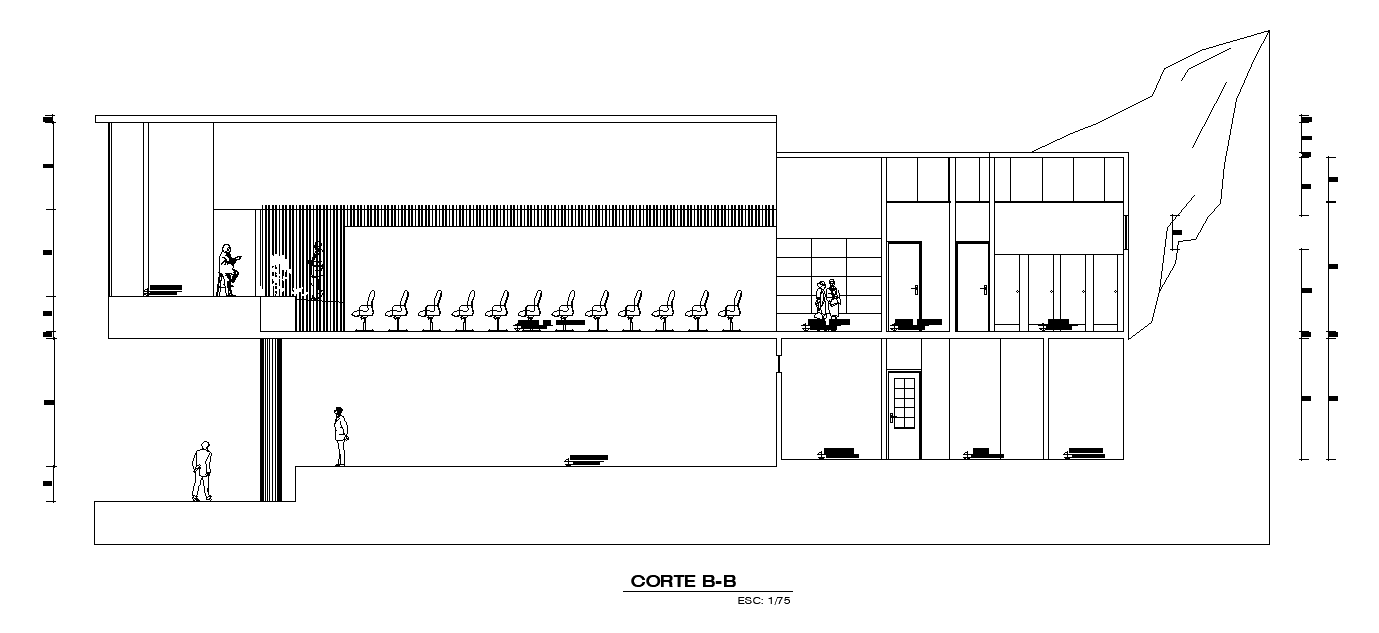 The left side section view of the 6x15m club house admin office plan