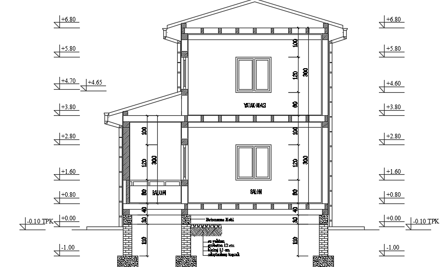 The left side section view of the 6x5m simple two story house building drawing