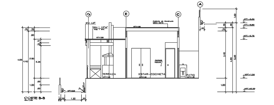 The left side section view of the 6x8m architecture one story house building cad drawing is given