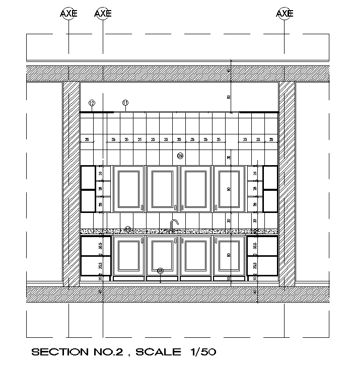 The left side section view of the 748x447cm kitchen building AutoCAD drawing