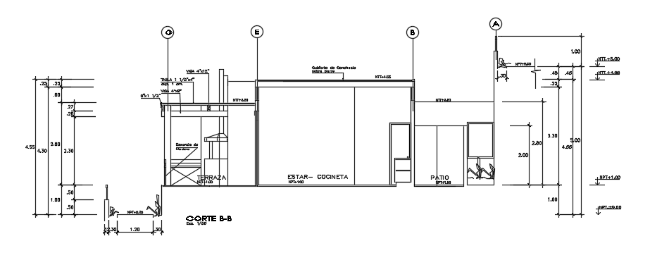 The left side section view of the 7x12m architecture one story house building cad drawing