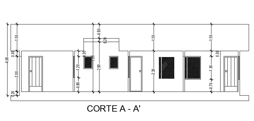 The left side section view of the 7x12m single story house building AutoCAD model