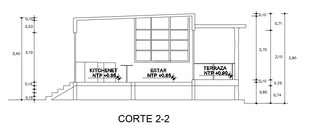 The left side section view of the 8x10m architecture single story house building