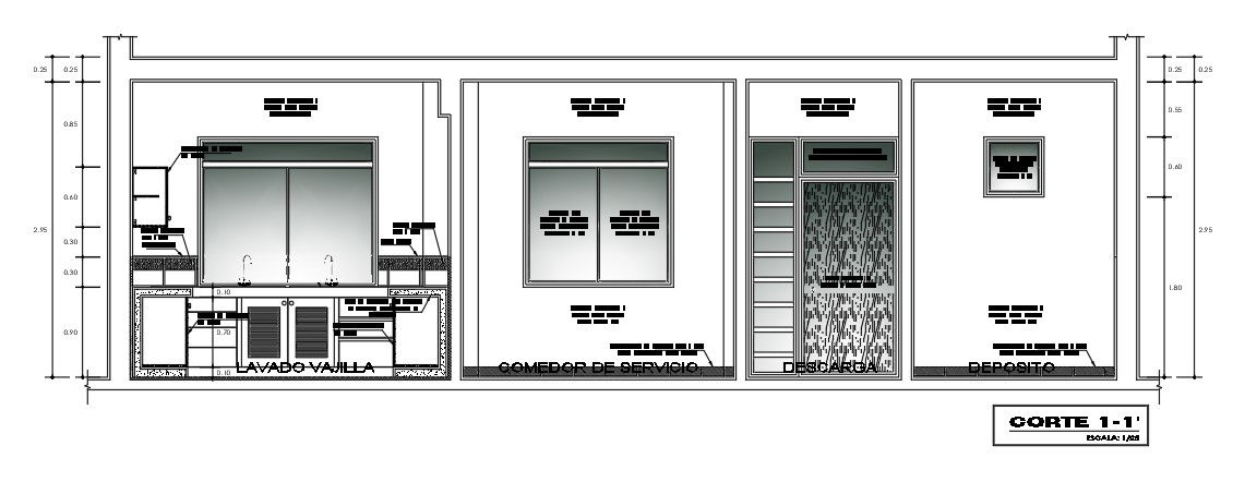 The left side section view of the 8x10m kitchen building is given in this AutoCAD drawing model. Download now.