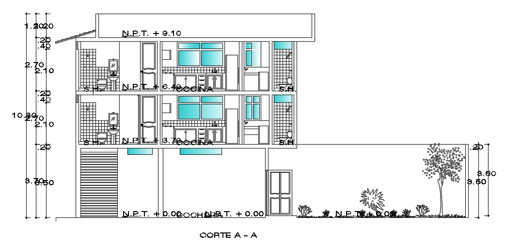 The left side section view of the 8x11m house building