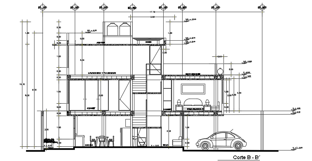 The left side section view of the 8x18m house building