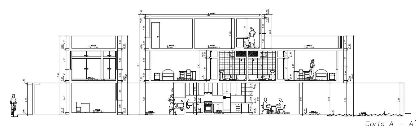 The left side section view of the 8x30m house building has been given in this AutoCAD drawing model.Download now.