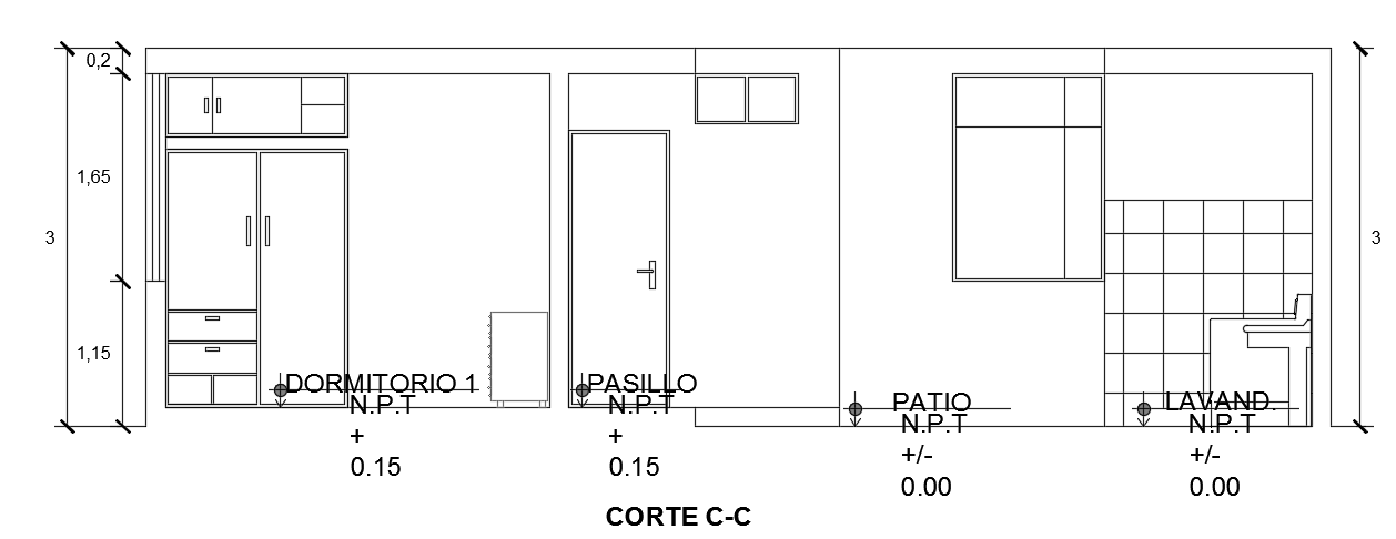 The left side section view of the 9x15m house building AutoCAD drawing