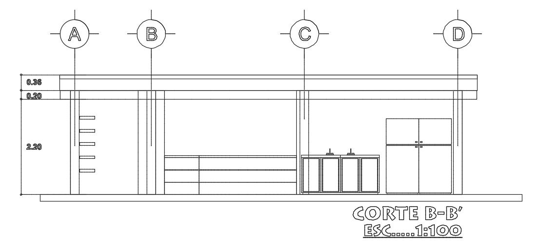 The left side section view of the 9x18m restaurant building is given in this AutoCAD drawing model.Download now.