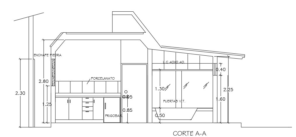 The left side section view of the 9x6m architecture 2bhk house building cad drawing