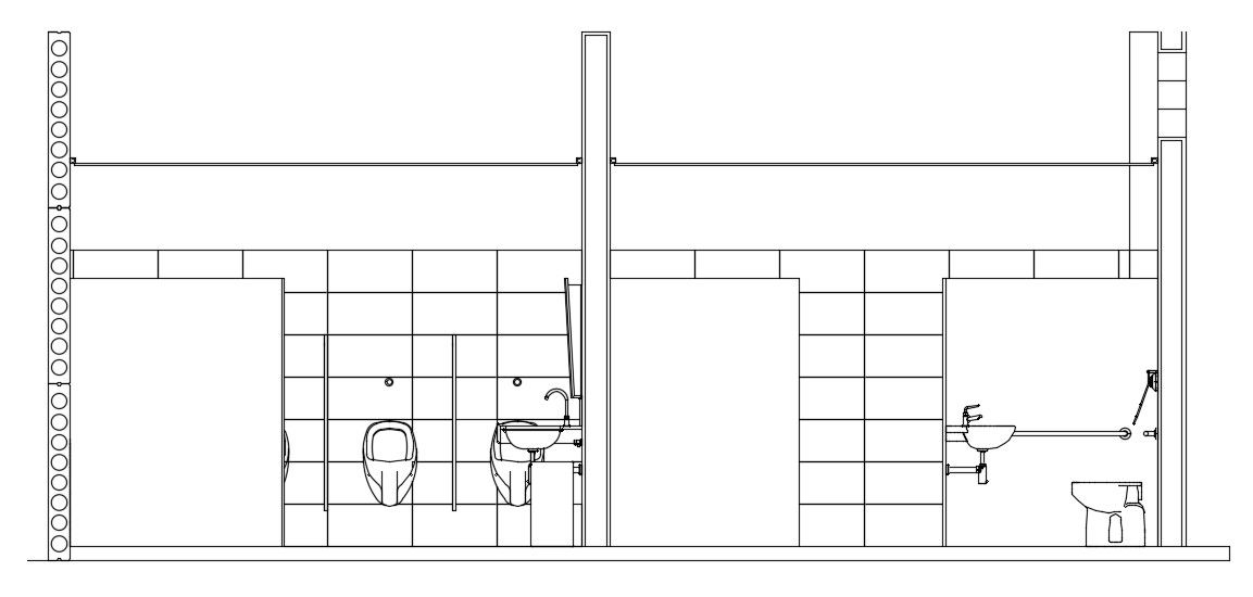 The left side section view of the 9x8m office toilet building is given in this AutoCAD drawing model. Download now.