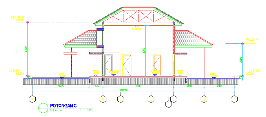 The left side section view of the house building 2D drawing