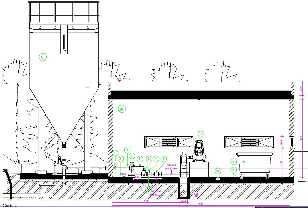 The left side section view of the sludge hydration building