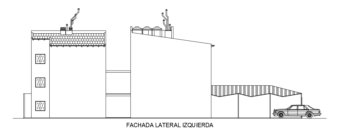 The left side view of the 34x10m three story residential building AutoCAD model 
