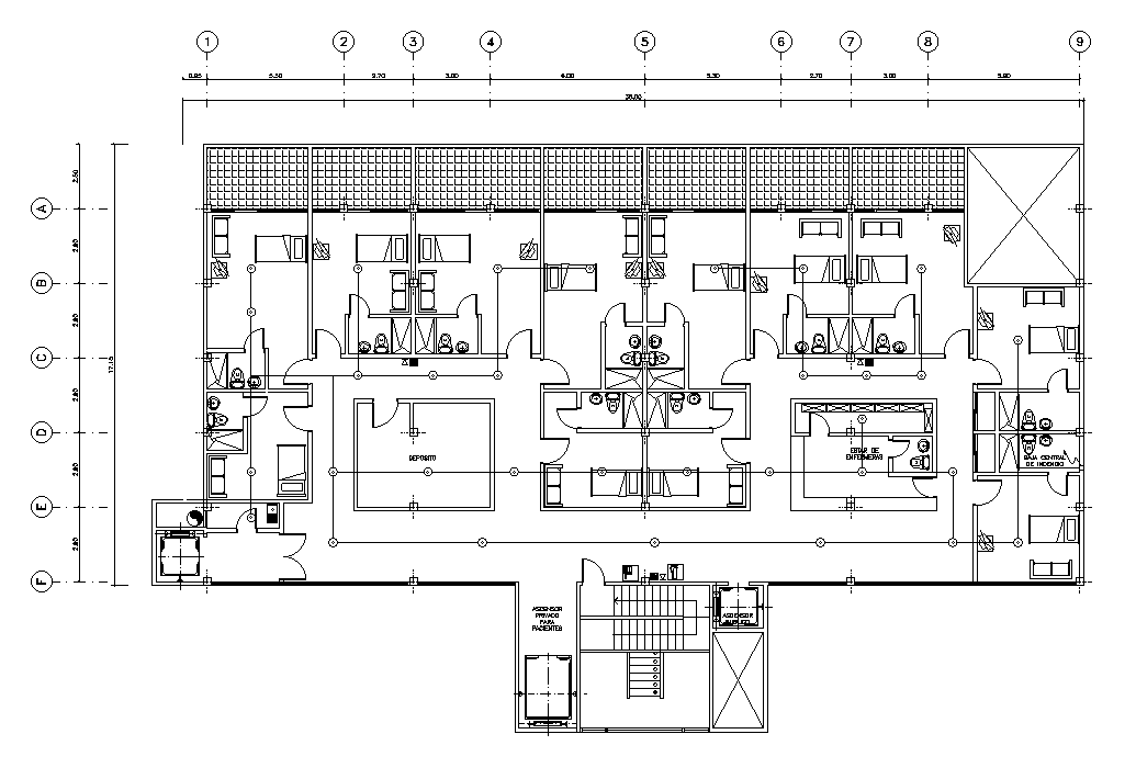 The light fitting detail of the 35x18m hospital second floor plan is given in this AutoCAD drawing model. Download now.