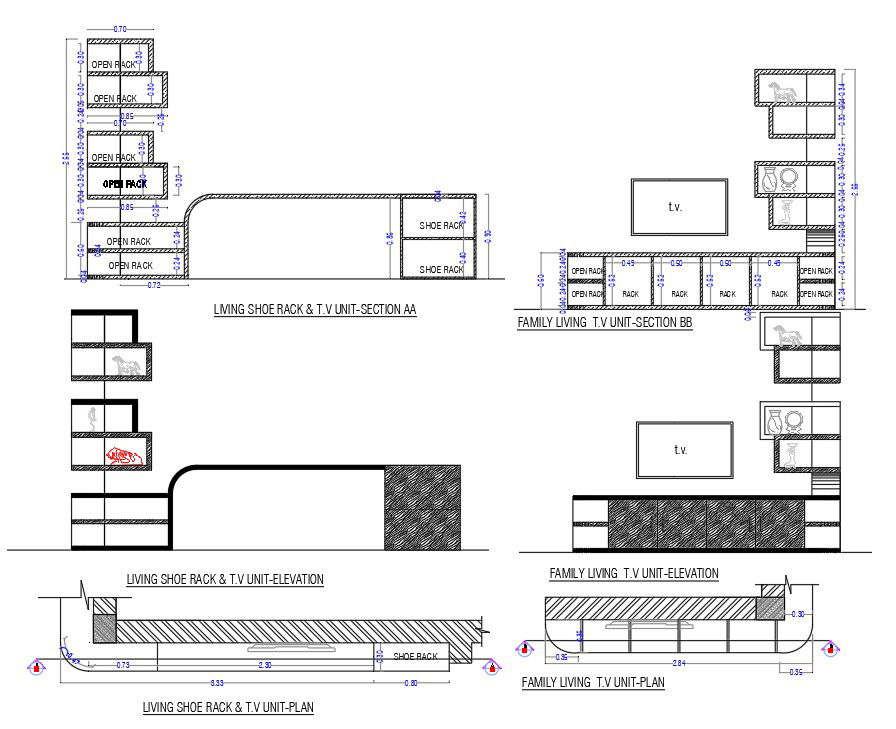 The living room shoe rack and TV unit plan