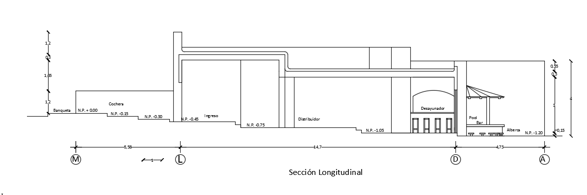 The longitudinal section view of the 10x25m house building