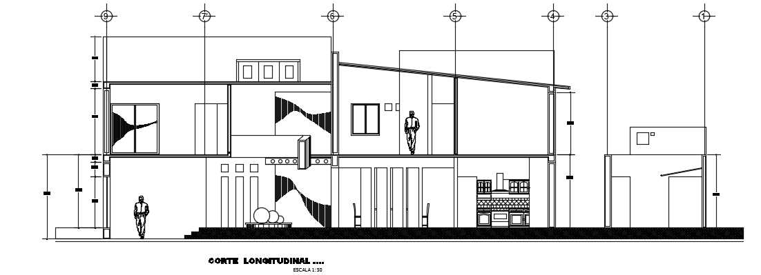The longitudinal section view of the 11x22m villa building AutoCAD 2D drawing