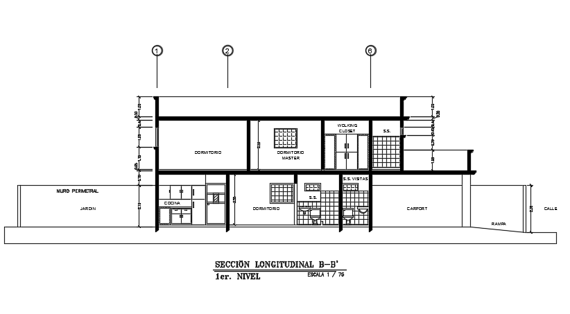 The longitudinal section view of the 15x10m house building cad drawing
