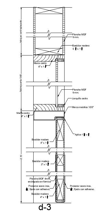 The longitudinal section view of the 2100x1200mm door structure is given in this AutoCAD drawing model.Download now.