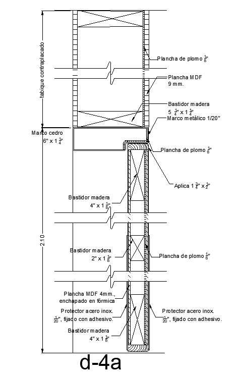 The longitudinal section view of the 2100x900mm door structure is given in this AutoCAD drawing model. Download now.