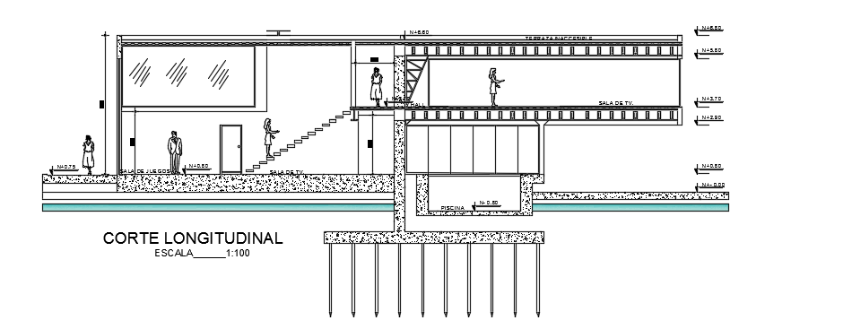 The longitudinal section view of the 63x64 cottage building drawing