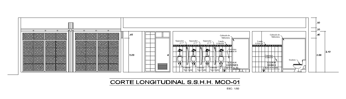 The longitudinal section view of the 98x10m swimming pool dressing changing building AutoCAD drawing