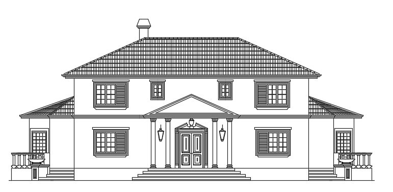 The main elevation view of the 21x17m family house building AutoCAD model