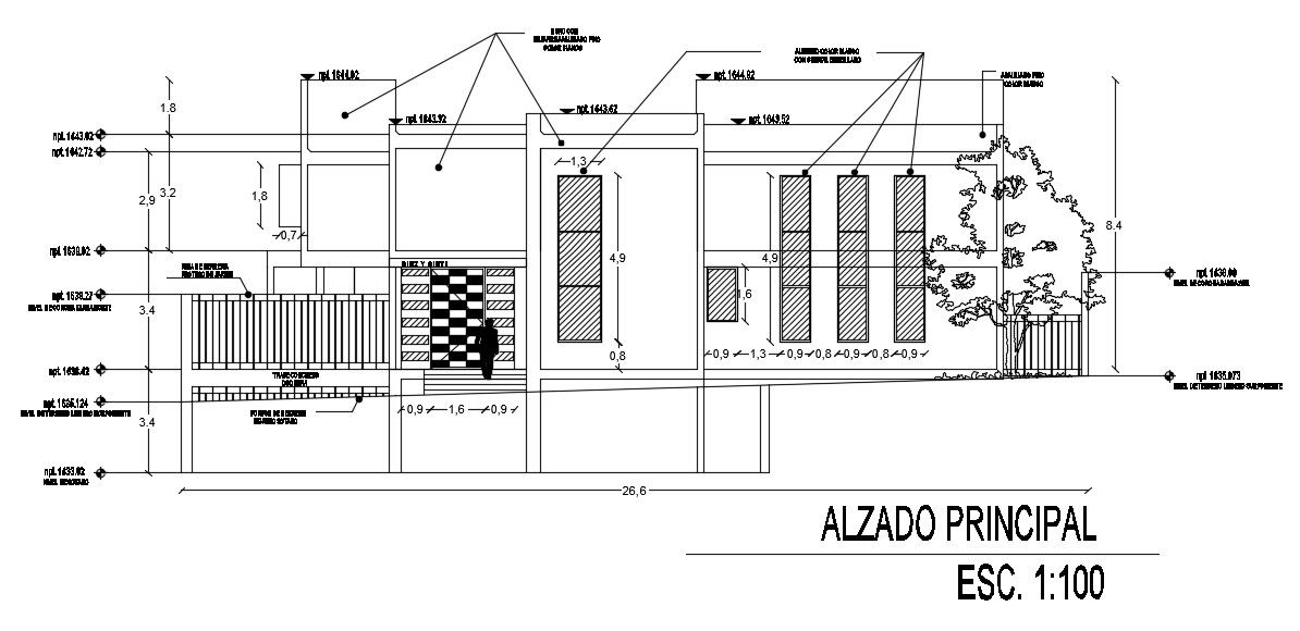 The main elevation view of the 26x50m house building is given in this AutoCAD drawing model. Download now.