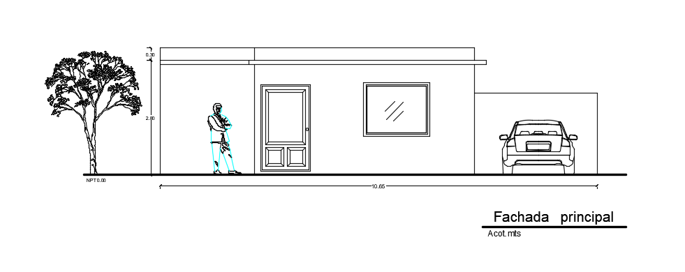 Single Story House Main Elevation View CAD Drawing