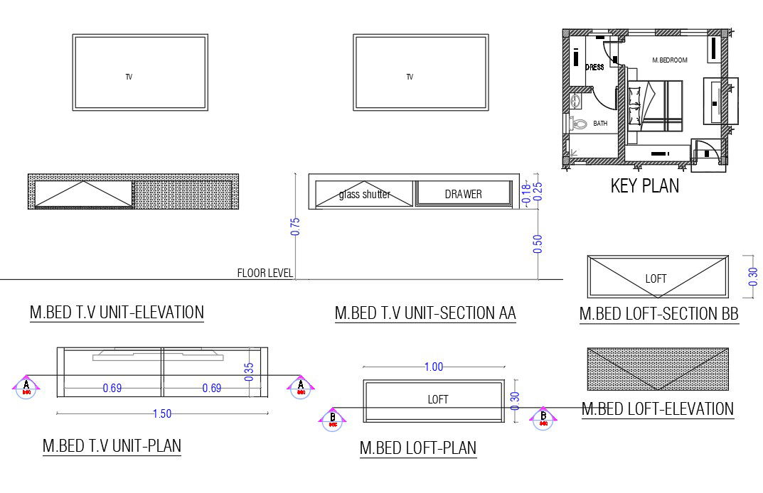 The master bedroom TV unit plan view is given in this model