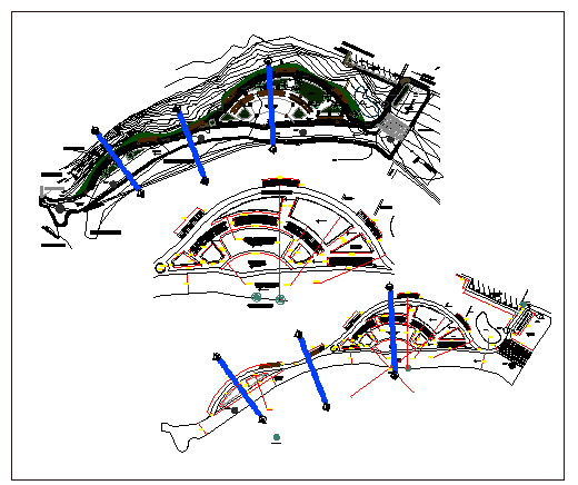 Theme park landscaping, site plan and structure details dwg file