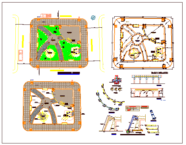 Theme public park garden landscaping and structure details dwg file