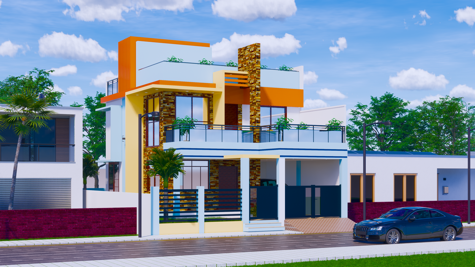 The most Attractive Double storey G+1 3d home elevation design Revit file. Download this drawing Revit file on cadbull.com.